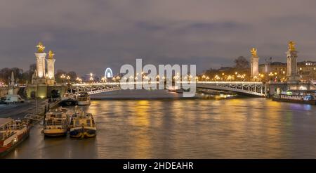 Blick auf die Brücke Alexandre III bei Nacht, Paris, Frankreich. Stockfoto