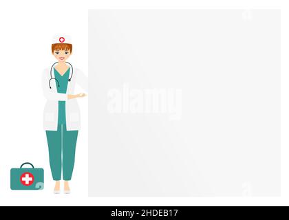 Nette Frau in Medizin Uniform zeigt auf leere Tafel. Speicherplatz kopieren. Flacher Cartoon-Stil. Vektorgrafik Stock Vektor