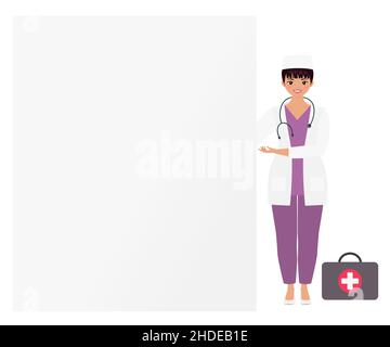 Nette asiatische Frau in Medizin Uniform zeigt auf leere Tafel. Speicherplatz kopieren. Flacher Cartoon-Stil. Vektorgrafik Stock Vektor