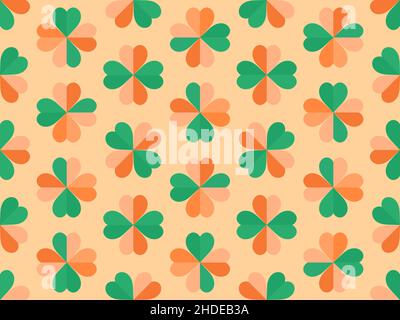 Nahtloses Muster mit Kleeblatt zum St. Patrick's Day. Kleeblatt mit grünen und orangen Blütenblättern. Hintergrund für Werbeartikel, Postkarten und Druck Stock Vektor