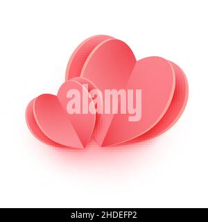 Zwei rote Herzen in Papierschnitt-Stil isoliert auf weißem Hintergrund Stock Vektor