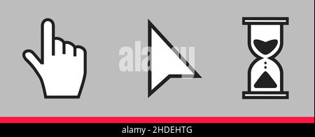 Schwarze Sanduhr, Zeigerzeiger und Pfeilmaus Cursor Symbol Zeichen gesetzt. Stock Vektor