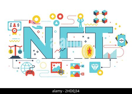 NFT-Wortschriftendarstellung mit Symbolen für Webbanner, Flyer, Landing Page, Präsentation, Buchumschlag, Artikel usw. Stock Vektor