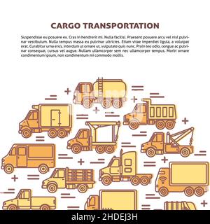 Frachttransport Banner-Vorlage mit verschiedenen Arten von Lastwagen in flachem Stil. Plakat oder Karte der Spedition mit Platz für Text. Stock Vektor