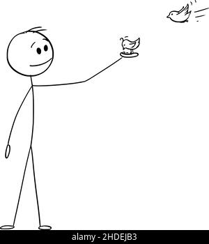Person, die Vögel auf der Hand füttert, Vektor-Cartoon-Stick Abbildung Stock Vektor