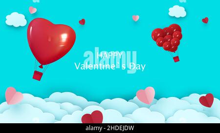 Valentinstag Hintergrund mit herzförmigen Ballon fliegen durch die Wolken. Romantische Papierkunst im Origami-Stil. Papierherzen. Vektor Stock Vektor