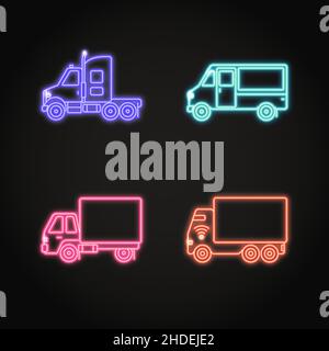 Truck Neon-Ikonen im Linienstil. Glänzende Ladungsfahrzeug-Symbole auf dunklem Hintergrund. Transport Zeichen Sammlung. Stock Vektor