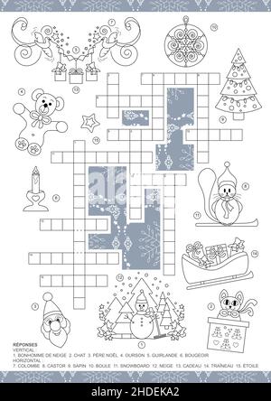 Kreuzworträtsel. Weihnachten Thema Kreuzworträtsel-Spiel. Für Kinder. Spiel und Färbung Seite. Französische Sprache. Stock Vektor