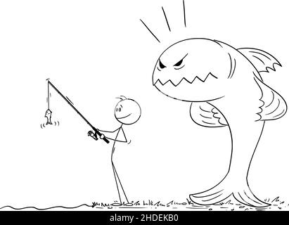 Fischer Holding Rod mit kleinen Fischen, Big Angry Fish bedrohen ihn, Vektor Cartoon Stick Abbildung Stock Vektor