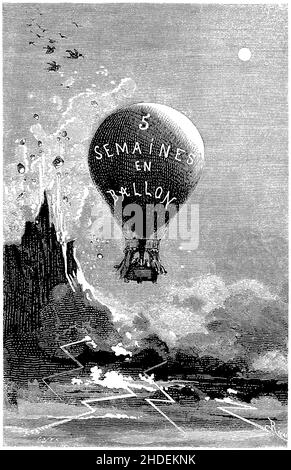 Illustration von Riou aus fünf Wochen im Ballon, OR, A Journey of Discovery von drei Engländern in Afrika (französisch: Cinq semaines en ballon) ist ein Abenteuerroman von Jules Verne, der 1863 veröffentlicht wurde. Es ist der erste Roman, in dem er die "Zutaten" seines späteren Werks perfektionierte und geschickt eine Erzähllinie voller Abenteuer- und Handlung-Wendungen mischte, die das Interesse des Lesers durch Passagen technischer, geografischer und historischer Beschreibungen bewahren. Das Buch gibt den Lesern einen Einblick in die Erforschung Afrikas, die den Europäern der damaligen Zeit noch nicht ganz bekannt war, mit Entdeckern, die alle reisen Stockfoto