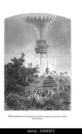 Das Erstaunen der Menschen war groß, als sie eine ihrer zahlreichen Illustrationen von Riou aus fünf Wochen in einem Ballon gesehen haben, oder, A Journey of Discovery von drei Engländern in Afrika (französisch: Cinq semaines en ballon) ist ein Abenteuerroman von Jules Verne, der 1863 veröffentlicht wurde. Es ist der erste Roman, in dem er die "Zutaten" seines späteren Werks perfektionierte und geschickt eine Erzähllinie voller Abenteuer- und Handlung-Wendungen mischte, die das Interesse des Lesers durch Passagen technischer, geografischer und historischer Beschreibungen bewahren. Das Buch gibt den Lesern einen Einblick in die Erforschung Afrikas, die w Stockfoto