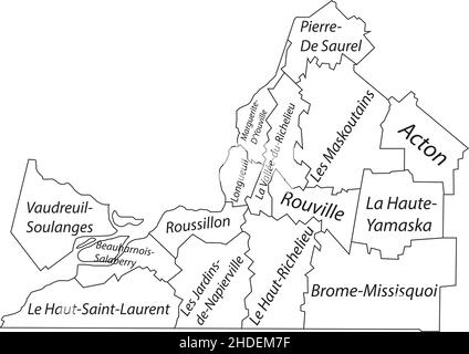 Weiße flache Vektor-Verwaltungskarte von MONTÉRÉGIE, QUEBEC, KANADA mit schwarzen Grenzlinien und Namensschildern seiner Gemeinden Stock Vektor