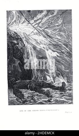 Einer der unbewussten Matrosen, illustriert von Jules Ferat aus Einer schwimmenden Stadt, oder manchmal übersetzt The Floating City, (französisch: Une ville flottante), ist ein Abenteuerroman des französischen Schriftstellers Jules Verne, der erstmals 1871 in Frankreich veröffentlicht wurde. Zum Zeitpunkt seiner Veröffentlichung genoss der Roman eine ähnliche Popularität wie in den achtzig Tagen auf der ganzen Welt. Die erste britische und US-amerikanische Ausgabe des Romans erschien 1874. Jules Férat lieferte die Originalillustrationen für den Roman. Es erzählt von einer Frau, die an Bord des Schiffes Great Eastern mit ihrem missbräuchlichen Ehemann feststellt, dass der Mann, den sie liebt, ein ist Stockfoto