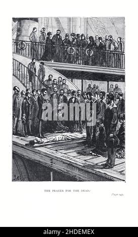 The Prayer for the Dead Illustrated by Jules Ferat from A Floating City, or sometimes translated the Floating City, (französisch: Une ville flottante) ist ein Abenteuerroman des französischen Schriftstellers Jules Verne, der 1871 in Frankreich erstmals veröffentlicht wurde. Zum Zeitpunkt seiner Veröffentlichung genoss der Roman eine ähnliche Popularität wie in den achtzig Tagen auf der ganzen Welt. Die erste britische und US-amerikanische Ausgabe des Romans erschien 1874. Jules Férat lieferte die Originalillustrationen für den Roman. Es erzählt von einer Frau, die an Bord des Schiffes Great Eastern mit ihrem missbräuchlichen Ehemann feststellt, dass der Mann, den sie liebt, auch an Bord ist. Stockfoto