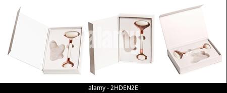 Massage-Kit isoliert n weißen Hintergrund mit Clipping-Pfad. Weiße Quarzkristall Gesichtswalze und Massagewerkzeug Gua Sha für Gesichtsmassage Stockfoto