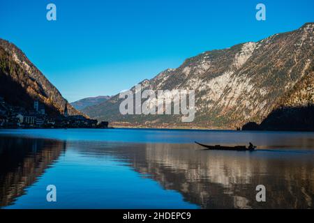 Österreich Hallstatt, Klassische Ansicht von Hallstat Village. Stockfoto