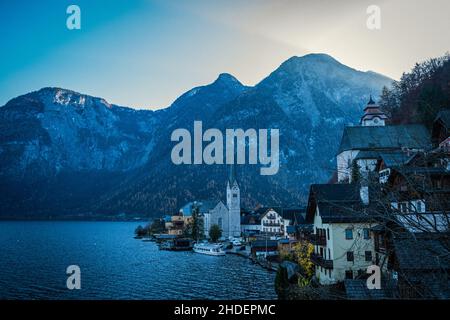 Österreich Hallstatt, Klassische Ansicht von Hallstat Village. Stockfoto