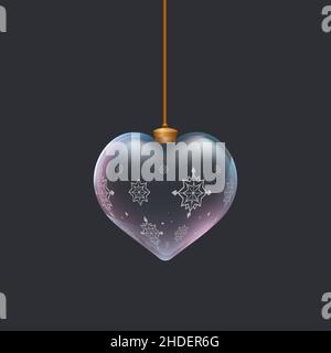 3D weihnachtsbaum Glas Spielzeugball mit Schneeflocken. Formt das Herz. Einrichtung im Stil von Bäumen im neuen Jahr. Element für Design Banner, Poster, Broschüre oder Werbung Stock Vektor