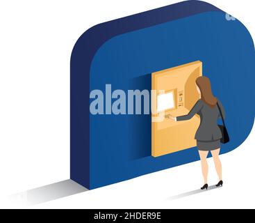 geldautomat-Entnahmevektor für weibliche Angestellte, isoliert auf Weiß Stock Vektor