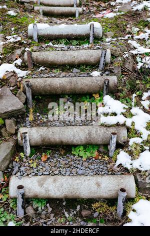 Vertikale Aufnahme einer hölzernen Treppe im Garten mit geschmolzenem Schnee im Winter Stockfoto