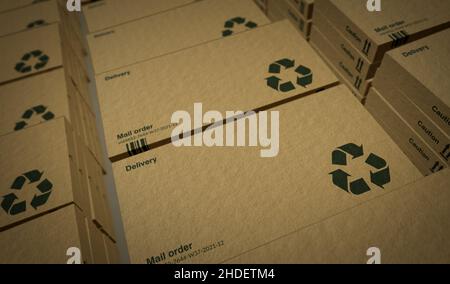 Lieferung Recycling-Box Produktion und Fertigungslinie. Produktfabrik und -Export. Abstract Concept 3D Rendering Illustration. Stockfoto