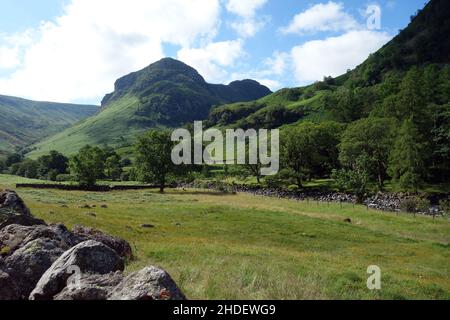 Die Wainwrights 'Eagle Crag & Sergeant's Crag' mit Blick auf Felder von der Nähe von Stonethwaite in Borrowdale, Lake District National Park, Cumbria, England. Stockfoto