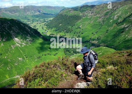 Lone Male Hiker Climbing Path to the Wainwright 'Eagle Crag' above Stonethwaite in Borrowdale, Lake District National Park, Cumbria, England, UK. Stockfoto