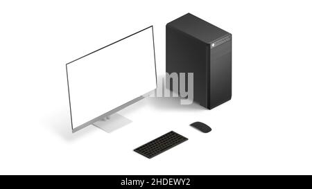 Isoliertes Computerdisplay, Gehäuse, Tastatur und Maus in isometrischer Position Stockfoto