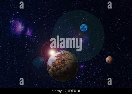 Weltraumansicht von fiktiven Planeten, abstrakter Hintergrund. Stockfoto