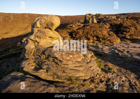 Gritstone liegt am Rand von Kinder Scout, Edale, Derbyshire, Peak District, England, bei Ringing Roger. Stockfoto