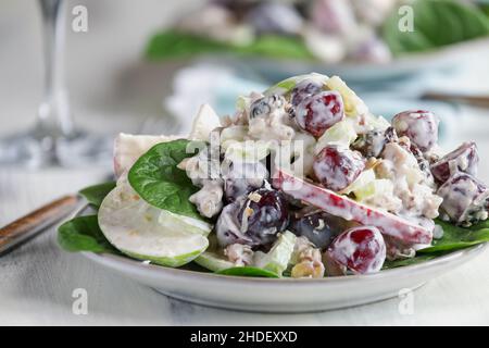 Hausgemachter waldorfsalat aus Apfelnuss und Spinat mit cremigem Dressing. Gesunde vegetarische Ernährung Konzept über einem rustikalen weißen Holzhintergrund. Stockfoto