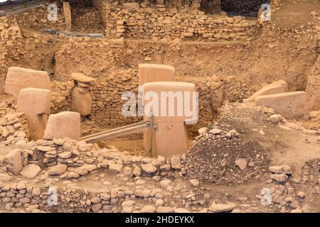 Gobelitepe. Säulen in Gobeklitepe archäologische Stätte in Sanliurfa Türkei. Reise in die Türkei Hintergrundbild. Stockfoto