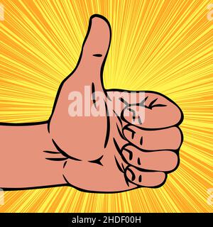 Männliche Hand macht OK Geste mit Daumen. Schwarze Kontur zeichnen. Vektor isoliert bunte Illustration von Hand gezeichnet. Pop-Art-Style Stock Vektor