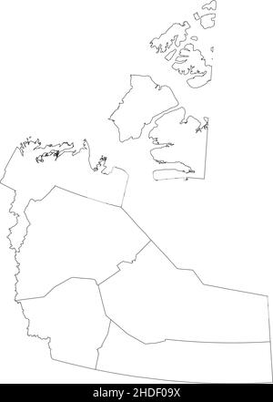 Weiße flache leere Vektor-Verwaltungskarte der Regionen des kanadischen Territoriums der NORDWESTLICHEN TERRITORIEN, KANADA mit schwarzen Grenzlinien seiner Region Stock Vektor