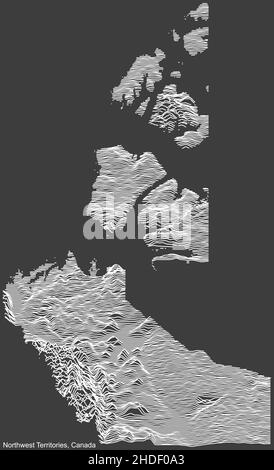 Topographische negative Reliefkarte des kanadischen Territoriums der NORDWESTLICHEN TERRITORIEN, KANADA mit weißen Konturlinien auf dunkelgrauem Hintergrund Stock Vektor