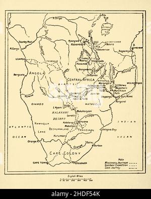 Karte der Erkundungen von Dr. Livingstone im südlichen Afrika aus dem Buch „The Story of David Livingstone“ von Vantier Golding, Erscheinungsdatum 1906 Herausgeber/Verlag Lond., N.Y Stockfoto