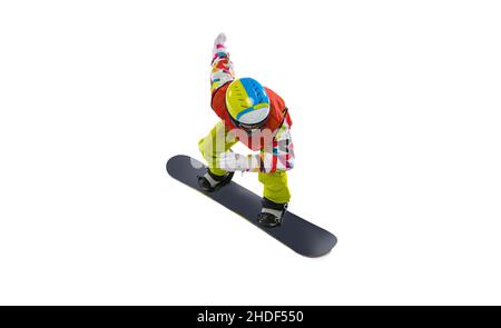 Porträt einer jungen Frau in heller Sportkleidung, Brille und Helm Snowboarding isoliert auf weißem Studio-Hintergrund. Konzept des Wintersports Stockfoto
