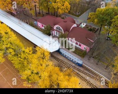 Fliegen Sie über den südlichen Bahnhof von Children's. Gleislinie und Bahnsteig mit Zug in leuchtend gelben Herbstbäumen. Luftaufnahme von der Baumkrone auf dem farbenfrohen Kharki Stockfoto