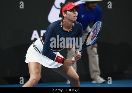 Adelaide, Australien, 6. Januar 2022. Ajla Tomljanovic aus Australien beim WTA-Einzelspiel zwischen Ajla Tomljanovic aus Australien und Sofia Kenin aus den Vereinigten Staaten am vierten Tag des Adelaide International Tennisturniers am Memorial Drive am 06. Januar 2022 in Adelaide, Australien. Quelle: Peter Mundy/Speed Media/Alamy Live News Stockfoto