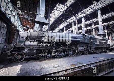 Alte historische Dampflokomotive im sogenannten Heizhaus Eisenbahnmuseum Stockfoto