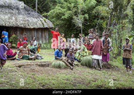 Papua-Neuguinea; Östliches Hochland; Goroka; Eine Gruppe von Papua auf einer Lichtung vor der Hütte. Eine Gruppe Papuas auf einer Lichtung vor der Hütte Stockfoto