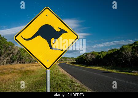 Typisches australisches Straßenschild auf einer abgelegenen Outback-Straße. Stockfoto