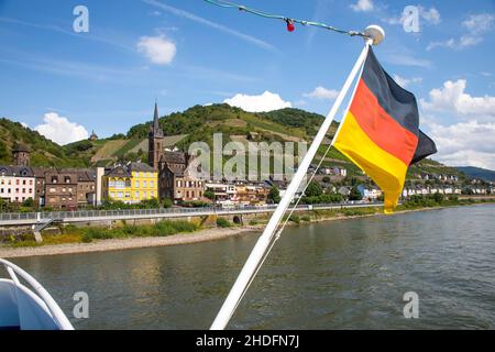 Ausflug mit dem Ausflugsboot Vater Rhein im Oberen Mittelrheintal, UNESCO-Weltkulturerbe, der Stadt Lorch, Hessen, Deutschland Stockfoto