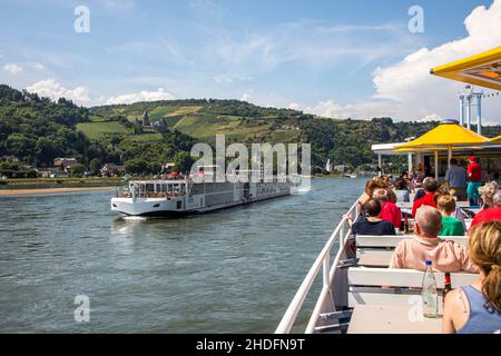 Ausflug mit dem Ausflugsboot Vater Rhein im Oberen Mittelrheintal, UNESCO-Weltkulturerbe, der Stadt Lorch, Hessen, Deutschland Stockfoto