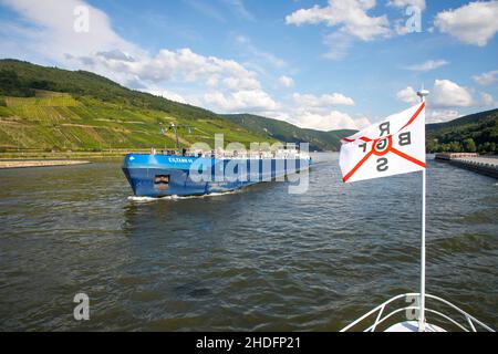 Fahrt mit dem Ausflugsboot Vater Rhein im Oberen Mittelrheintal, UNESCO Weltkulturerbe, zwischen Bingen und St. Goarshausen, Rheinland-P Stockfoto