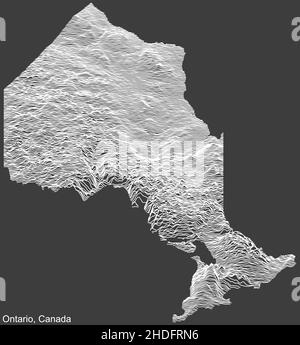 Topographische Negativrelief-Karte der kanadischen Provinz ONTARIO, KANADA mit weißen Konturlinien auf dunkelgrauem Hintergrund Stock Vektor