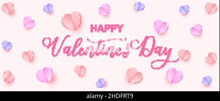 Horizontales Banner mit Papier geschnitten bunten Herzen. Alles Liebe zum Valentinstag Hintergrund Stock Vektor