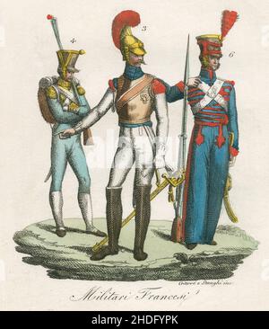 Antike c1830 handgetönte Gravur, französische Militärmode. Herausgegeben von Giulio Ferrario. QUELLE: ORIGINALGRAVUR Stockfoto