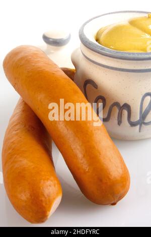 Senf, Bockwurst, Senf, Bockwurst Stockfoto