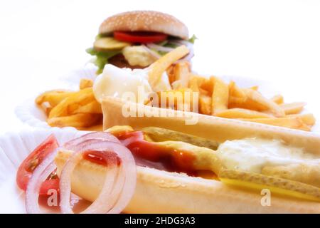 Fastfood, ungesund, Hot Dog, Fastfood, ungesund, Hot Dogs Stockfoto